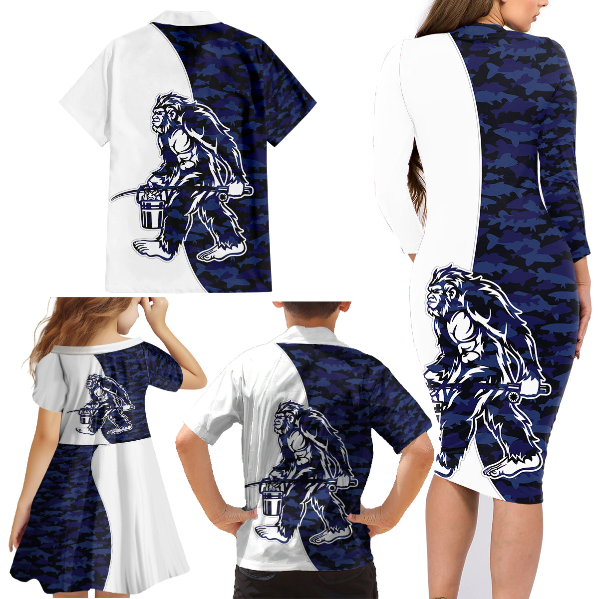 Funny Bigfoot Blue Military Texture Fish Family Matching Long Sleeve Bodycon Dress and Hawaiian Shirt - Wonder Print Shop