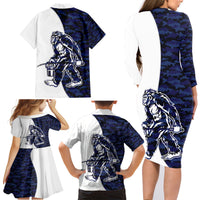 Funny Bigfoot Blue Military Texture Fish Family Matching Long Sleeve Bodycon Dress and Hawaiian Shirt - Wonder Print Shop
