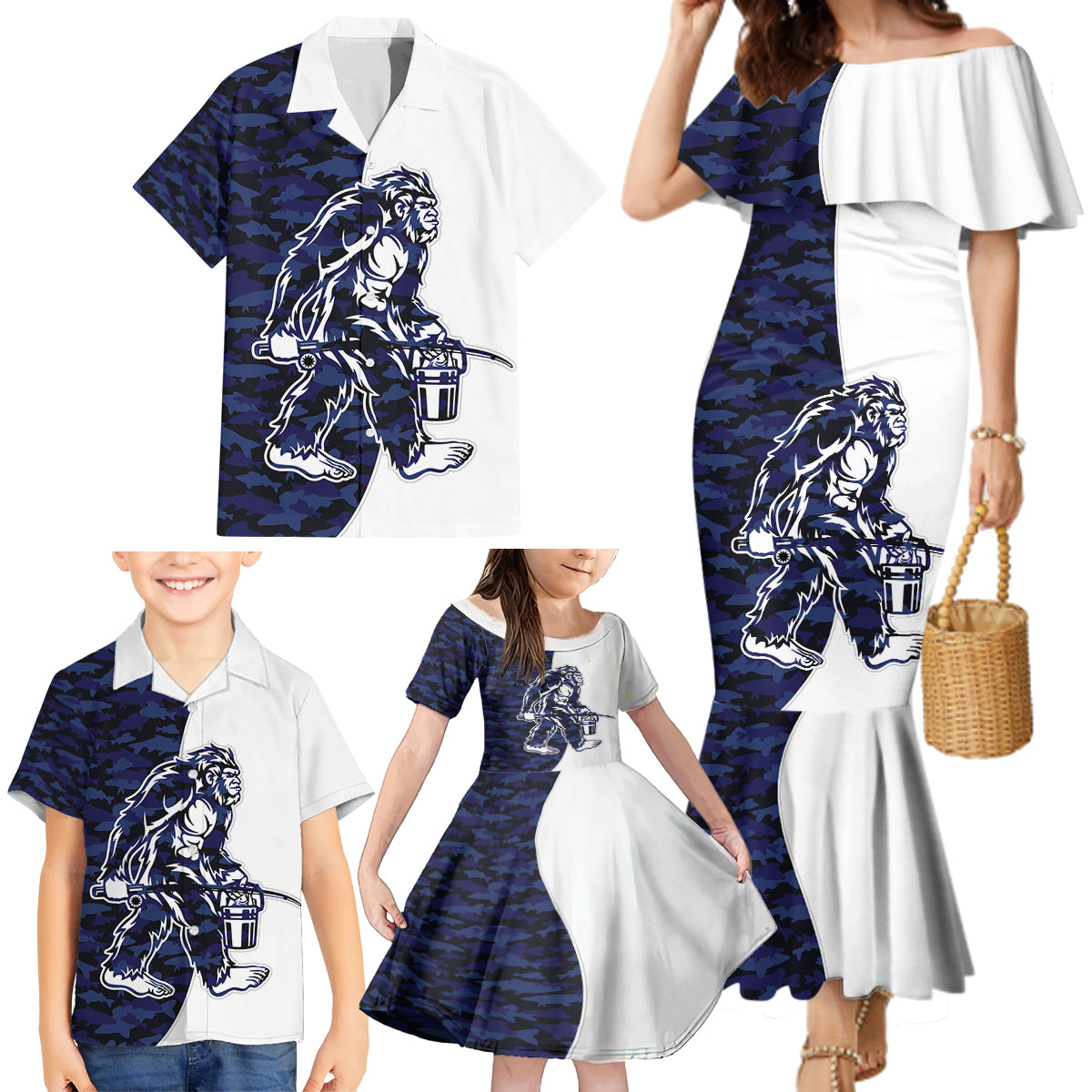 Funny Bigfoot Blue Military Texture Fish Family Matching Mermaid Dress and Hawaiian Shirt - Wonder Print Shop