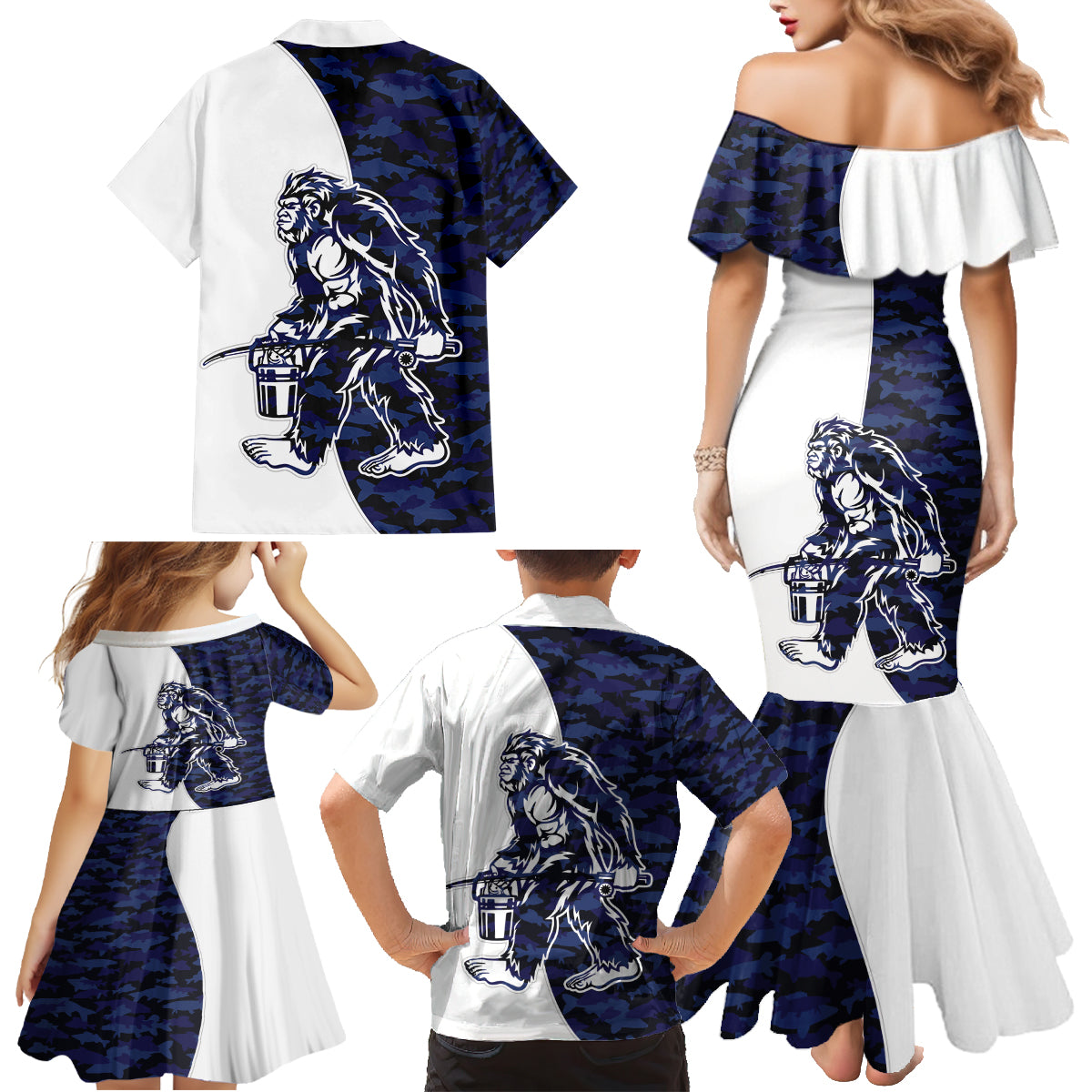Funny Bigfoot Blue Military Texture Fish Family Matching Mermaid Dress and Hawaiian Shirt - Wonder Print Shop