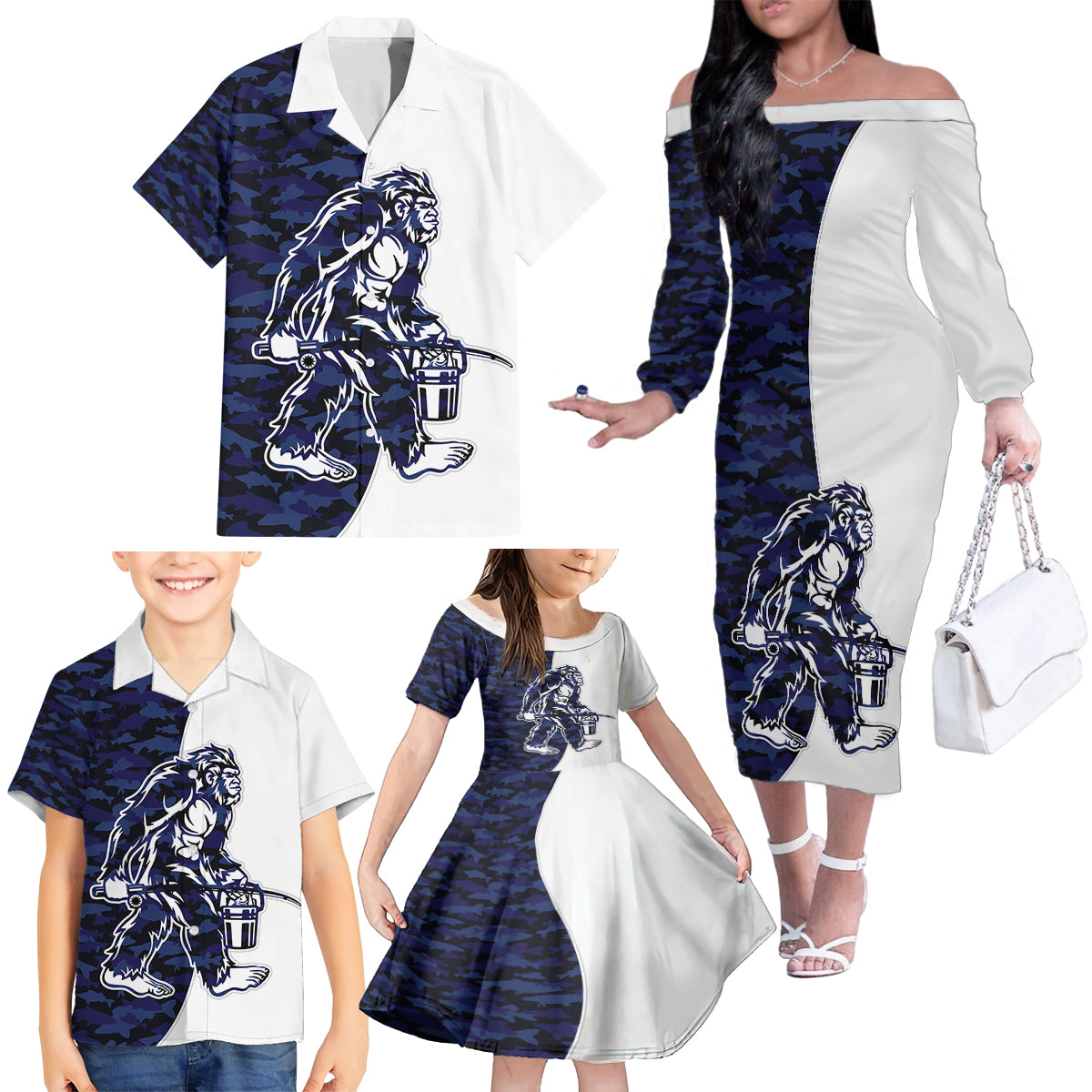 Funny Bigfoot Blue Military Texture Fish Family Matching Off The Shoulder Long Sleeve Dress and Hawaiian Shirt - Wonder Print Shop