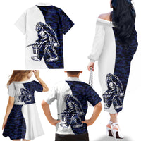 Funny Bigfoot Blue Military Texture Fish Family Matching Off The Shoulder Long Sleeve Dress and Hawaiian Shirt - Wonder Print Shop