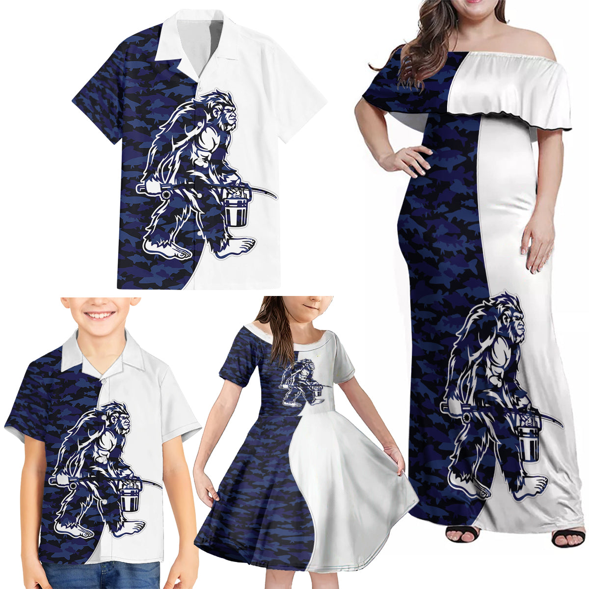 Funny Bigfoot Blue Military Texture Fish Family Matching Off Shoulder Maxi Dress and Hawaiian Shirt - Wonder Print Shop