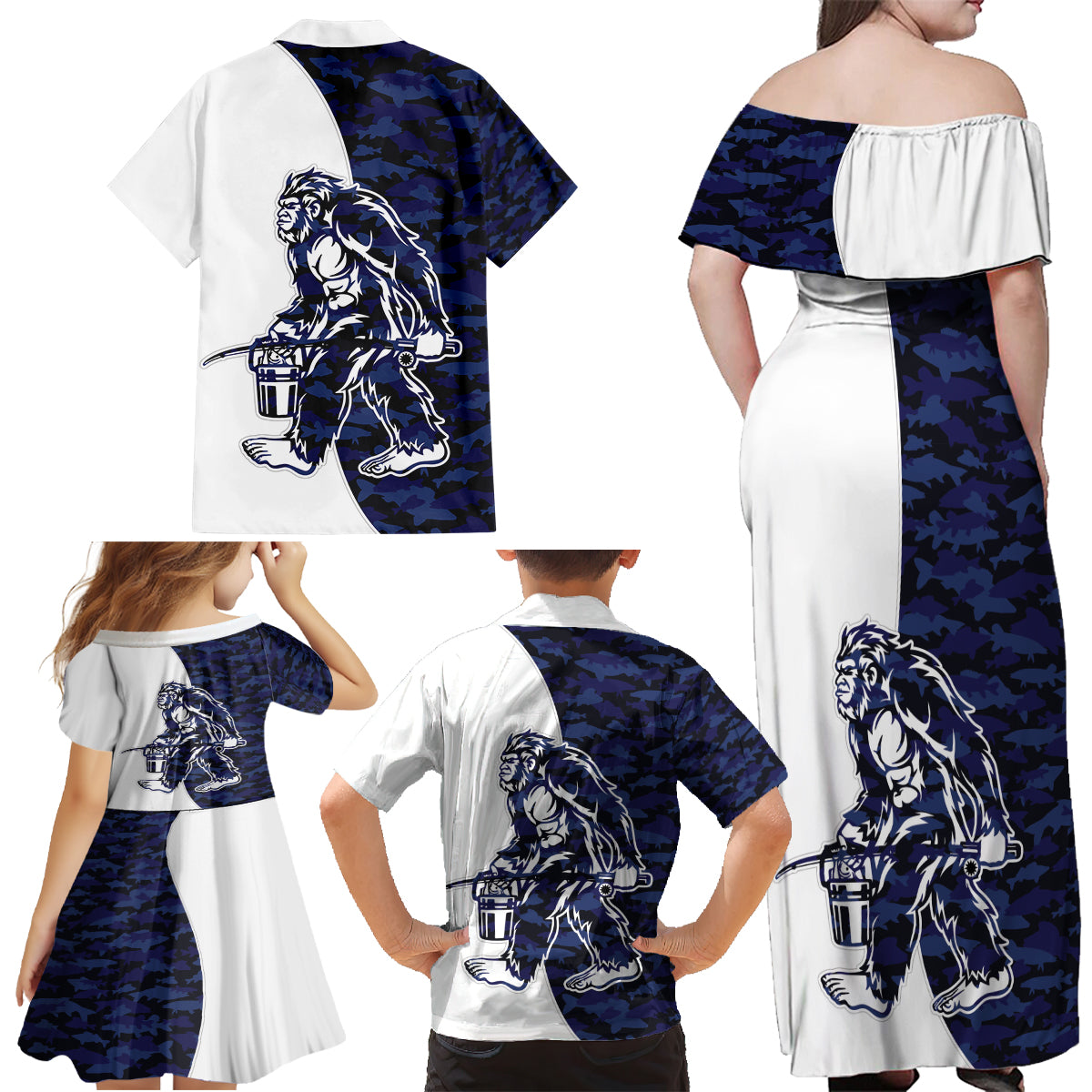 Funny Bigfoot Blue Military Texture Fish Family Matching Off Shoulder Maxi Dress and Hawaiian Shirt - Wonder Print Shop