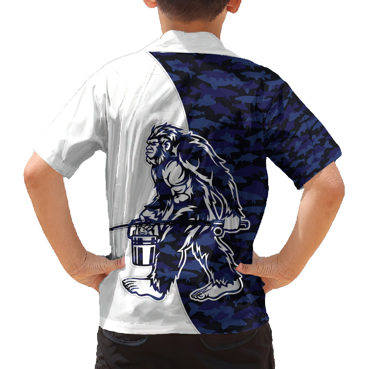 Funny Bigfoot Blue Military Texture Fish Family Matching Off Shoulder Short Dress and Hawaiian Shirt - Wonder Print Shop