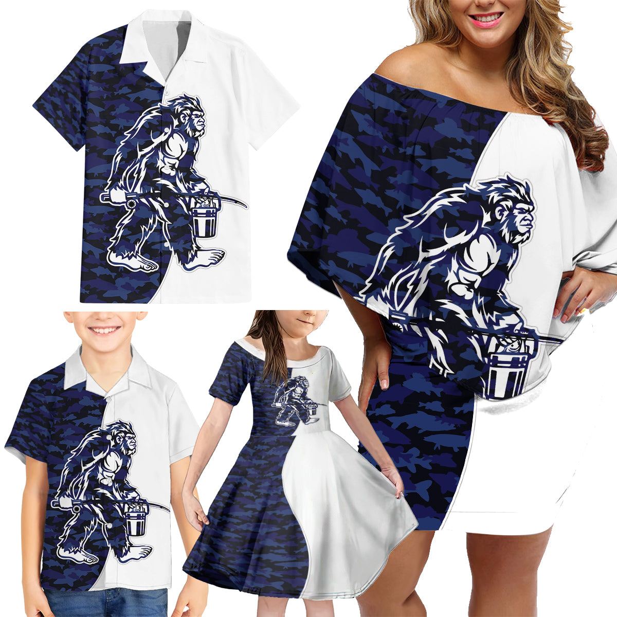 Funny Bigfoot Blue Military Texture Fish Family Matching Off Shoulder Short Dress and Hawaiian Shirt - Wonder Print Shop