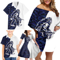 Funny Bigfoot Blue Military Texture Fish Family Matching Off Shoulder Short Dress and Hawaiian Shirt - Wonder Print Shop