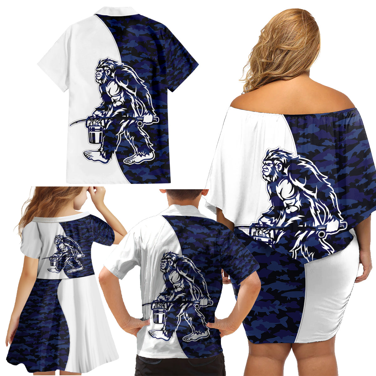 Funny Bigfoot Blue Military Texture Fish Family Matching Off Shoulder Short Dress and Hawaiian Shirt - Wonder Print Shop