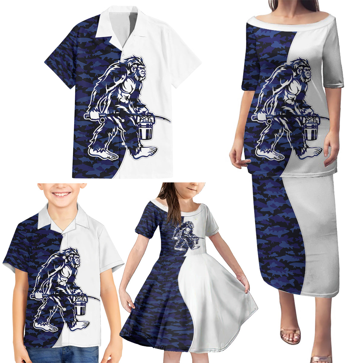 Funny Bigfoot Blue Military Texture Fish Family Matching Puletasi and Hawaiian Shirt - Wonder Print Shop