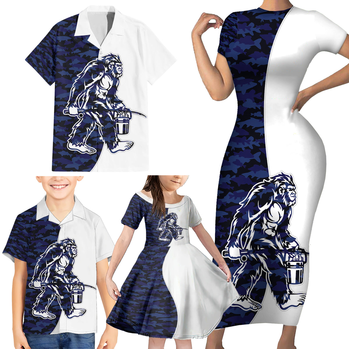Funny Bigfoot Blue Military Texture Fish Family Matching Short Sleeve Bodycon Dress and Hawaiian Shirt - Wonder Print Shop