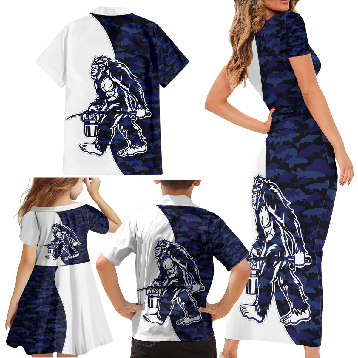 Funny Bigfoot Blue Military Texture Fish Family Matching Short Sleeve Bodycon Dress and Hawaiian Shirt - Wonder Print Shop
