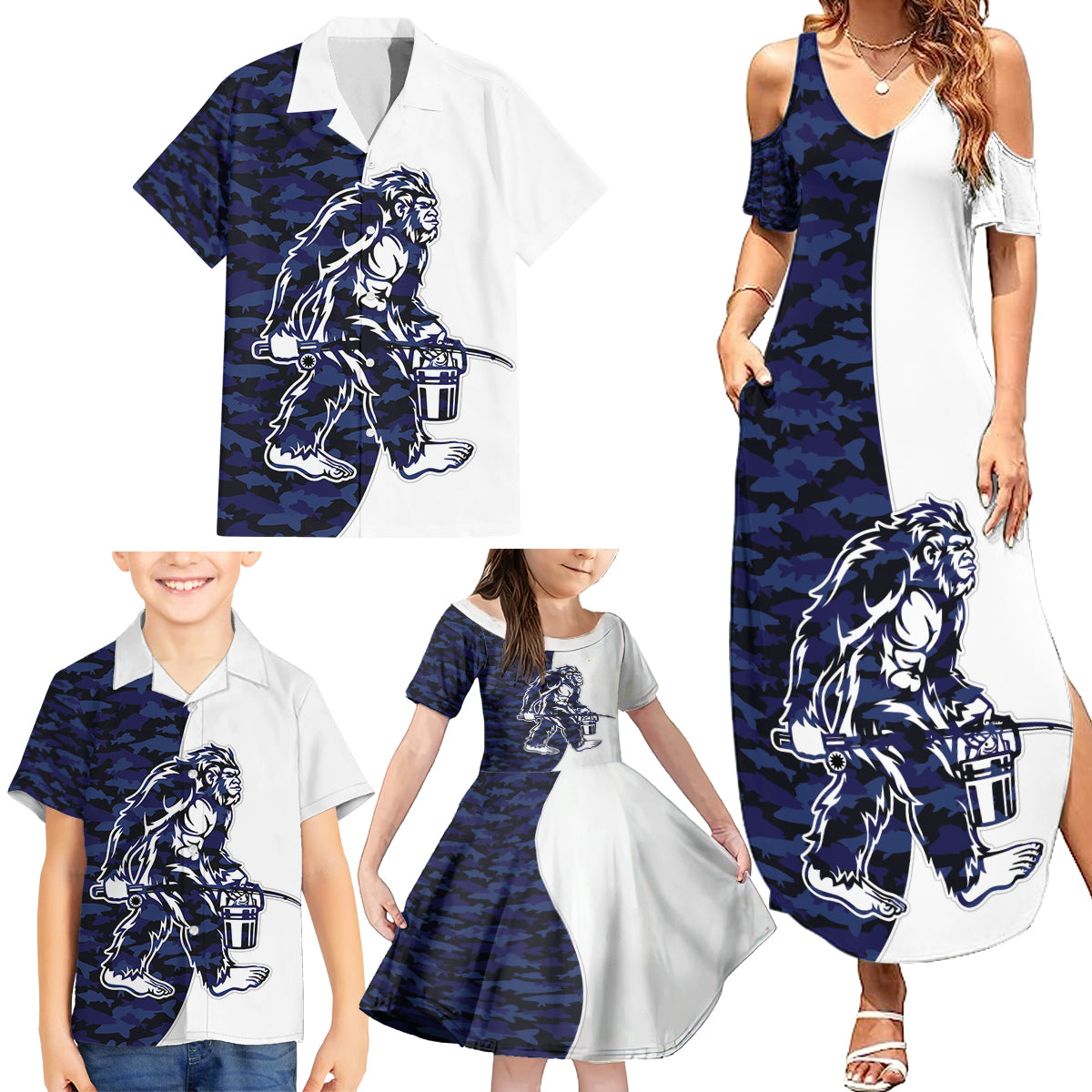 Funny Bigfoot Blue Military Texture Fish Family Matching Summer Maxi Dress and Hawaiian Shirt - Wonder Print Shop