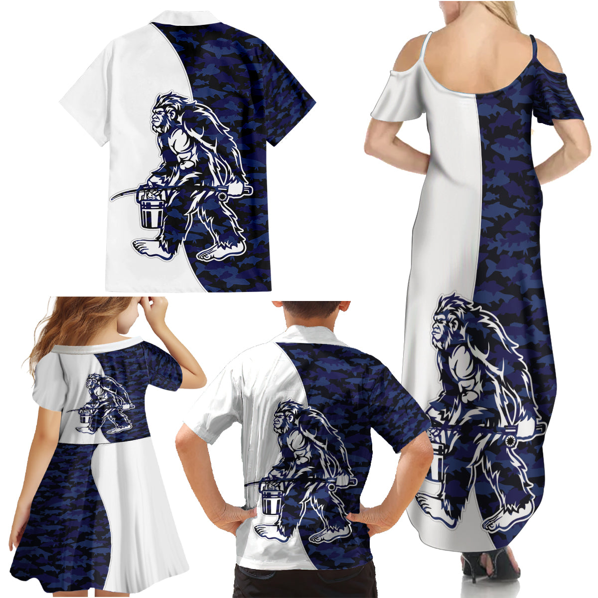 Funny Bigfoot Blue Military Texture Fish Family Matching Summer Maxi Dress and Hawaiian Shirt - Wonder Print Shop
