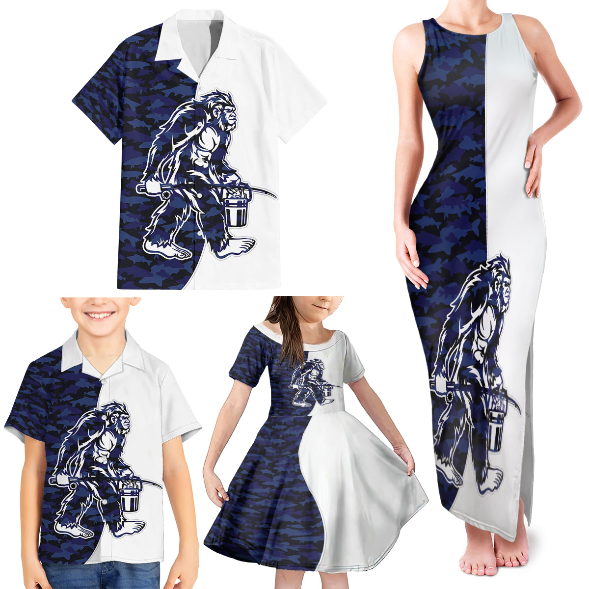 Funny Bigfoot Blue Military Texture Fish Family Matching Tank Maxi Dress and Hawaiian Shirt - Wonder Print Shop