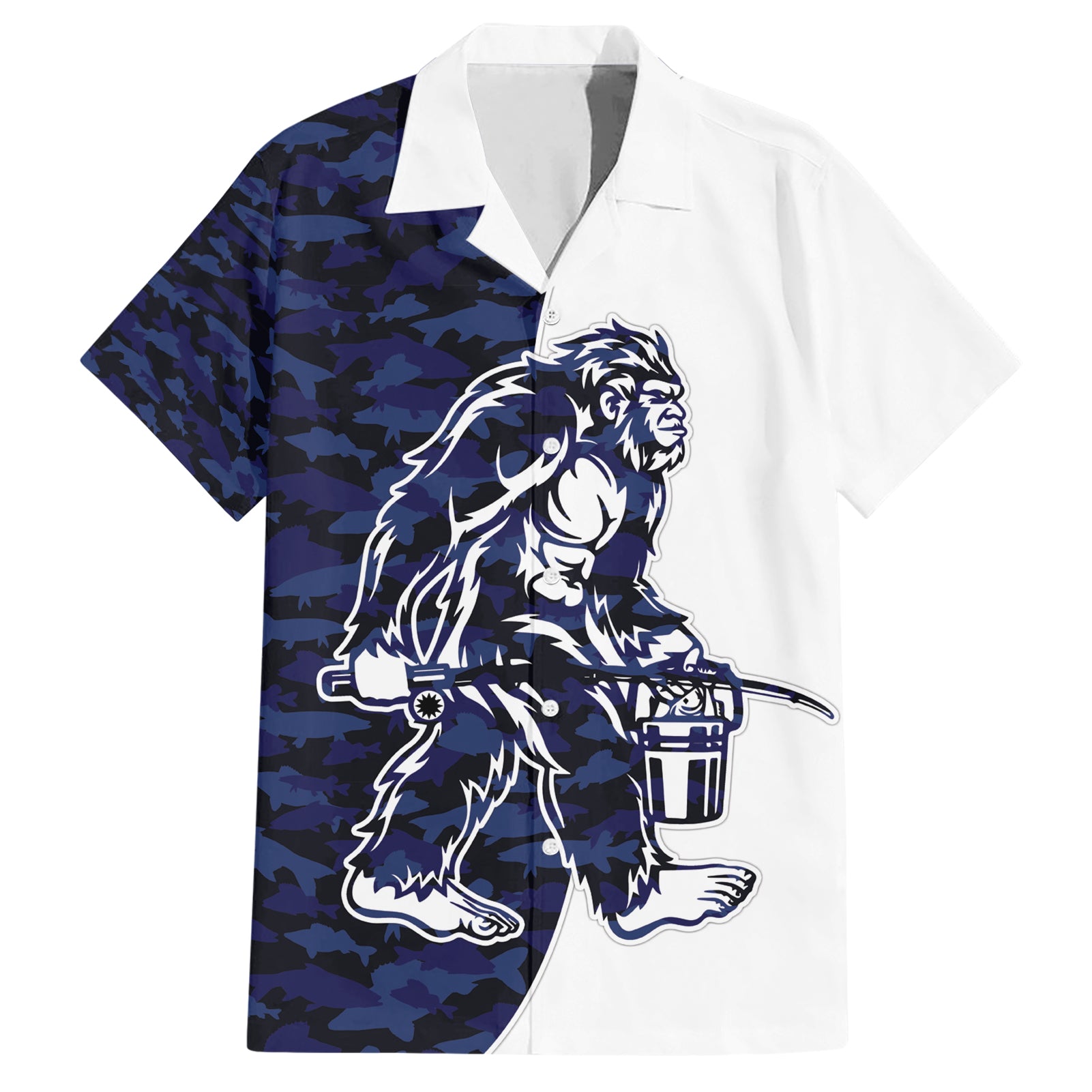 Funny Bigfoot Blue Military Texture Fish Hawaiian Shirt - Wonder Print Shop