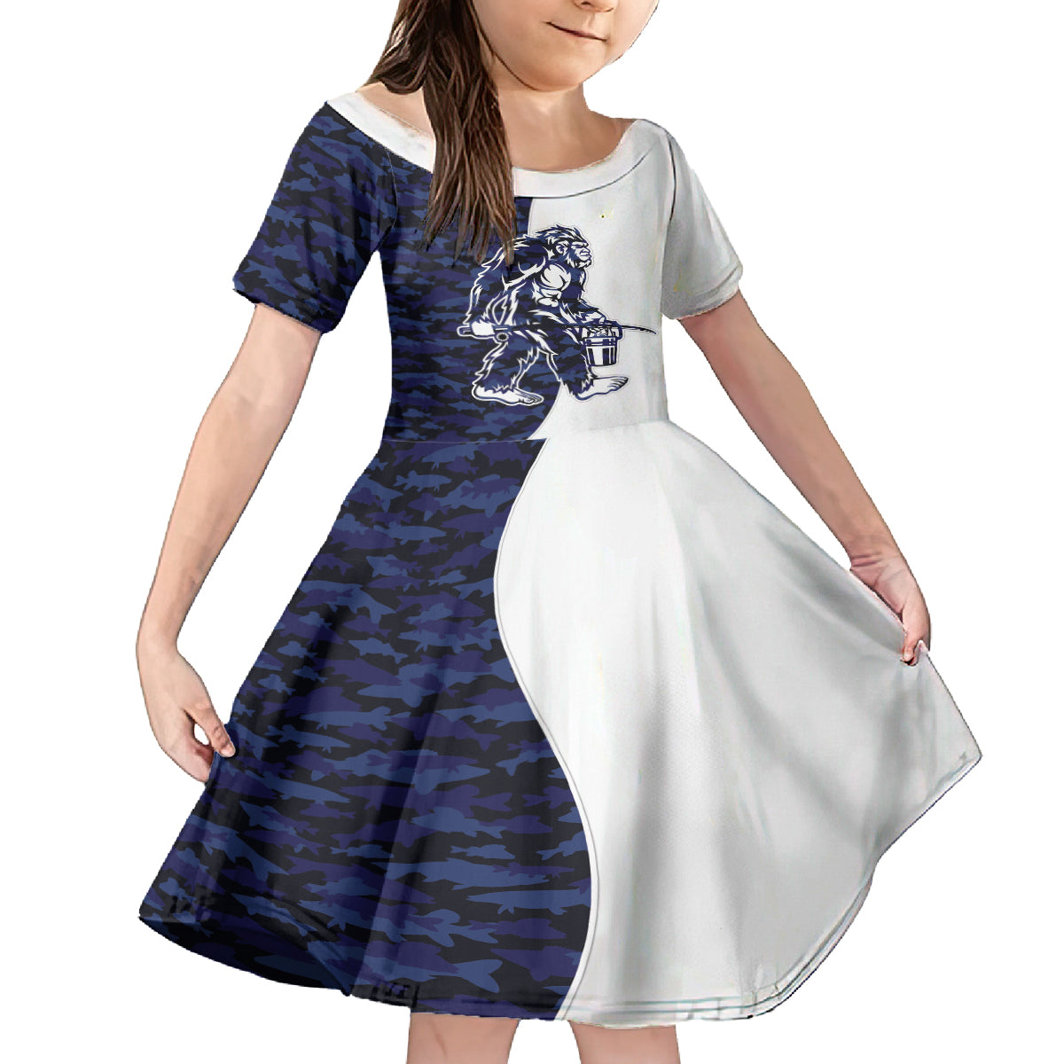 Funny Bigfoot Blue Military Texture Fish Kid Short Sleeve Dress - Wonder Print Shop
