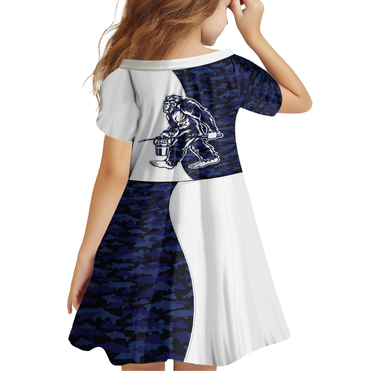 Funny Bigfoot Blue Military Texture Fish Kid Short Sleeve Dress - Wonder Print Shop