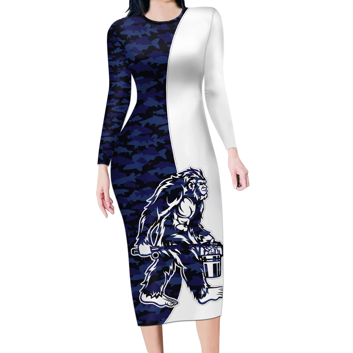 Funny Bigfoot Blue Military Texture Fish Long Sleeve Bodycon Dress - Wonder Print Shop