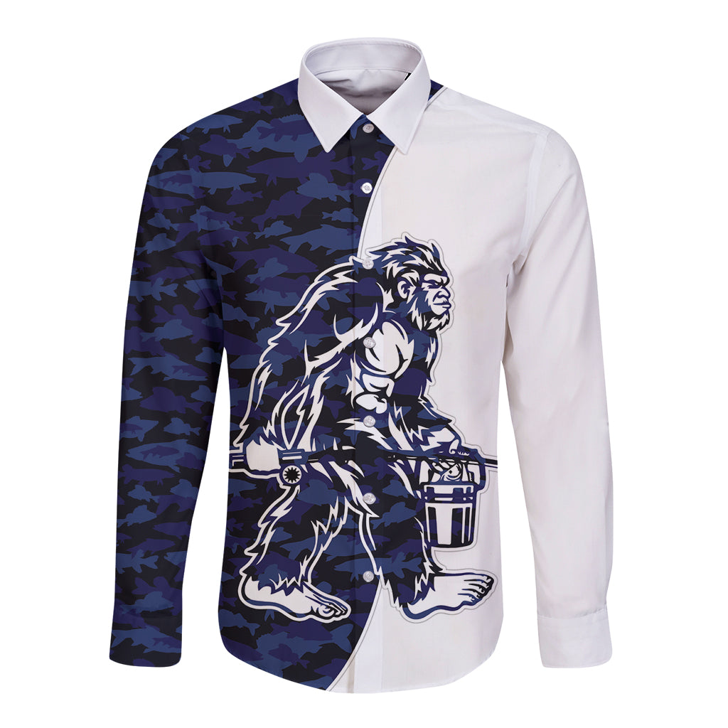 Funny Bigfoot Blue Military Texture Fish Long Sleeve Button Shirt - Wonder Print Shop