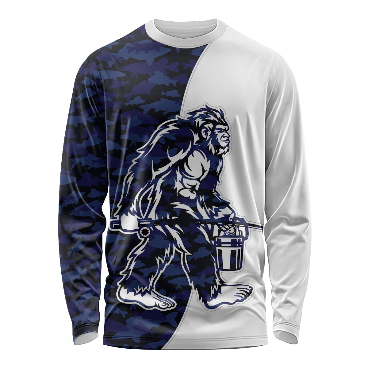 Funny Bigfoot Blue Military Texture Fish Long Sleeve Shirt - Wonder Print Shop