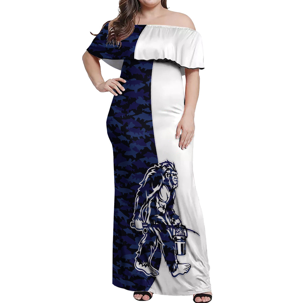 Funny Bigfoot Blue Military Texture Fish Off Shoulder Maxi Dress - Wonder Print Shop