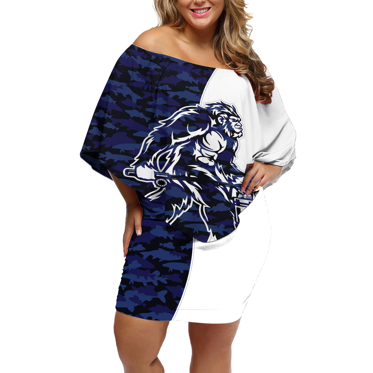 Funny Bigfoot Blue Military Texture Fish Off Shoulder Short Dress - Wonder Print Shop