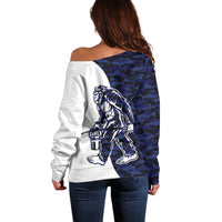 Funny Bigfoot Blue Military Texture Fish Off Shoulder Sweater - Wonder Print Shop