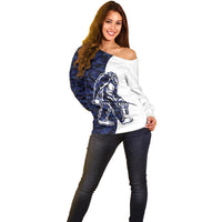 Funny Bigfoot Blue Military Texture Fish Off Shoulder Sweater - Wonder Print Shop