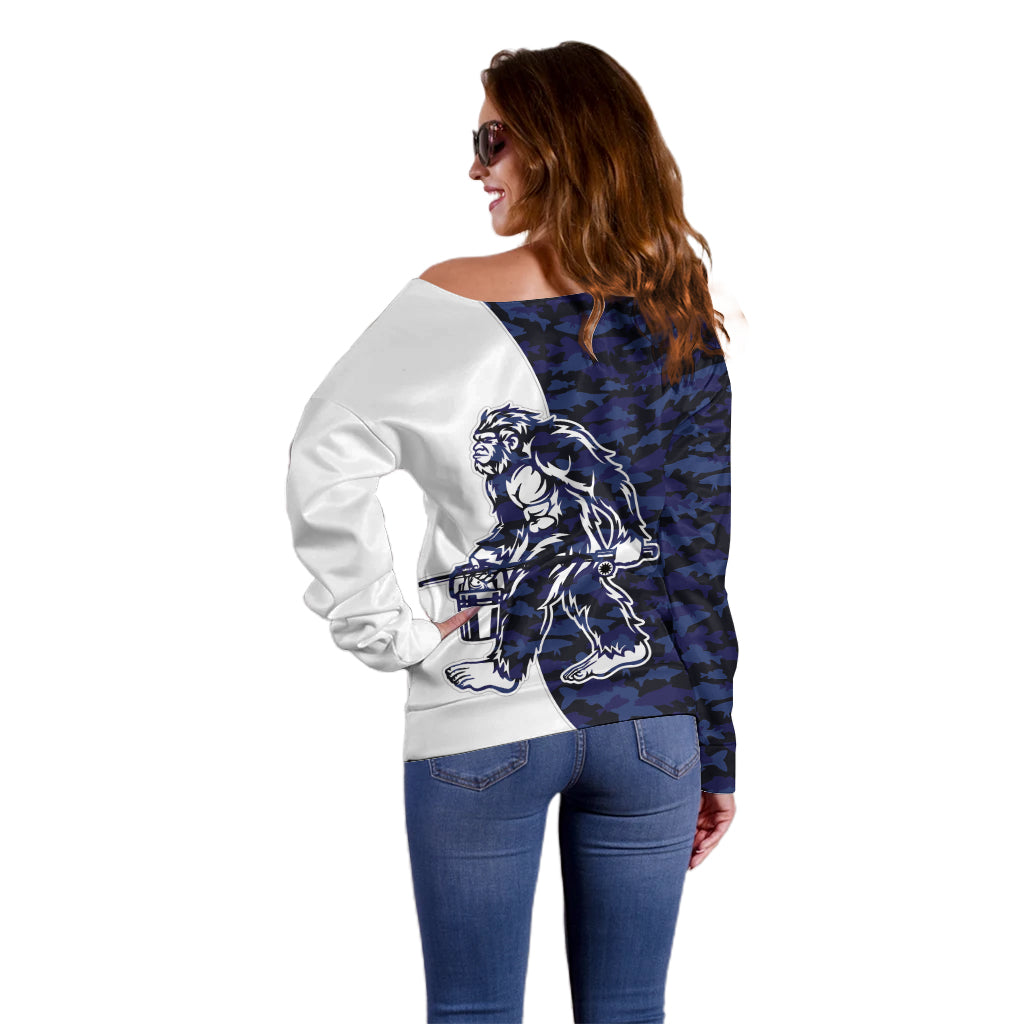 Funny Bigfoot Blue Military Texture Fish Off Shoulder Sweater - Wonder Print Shop