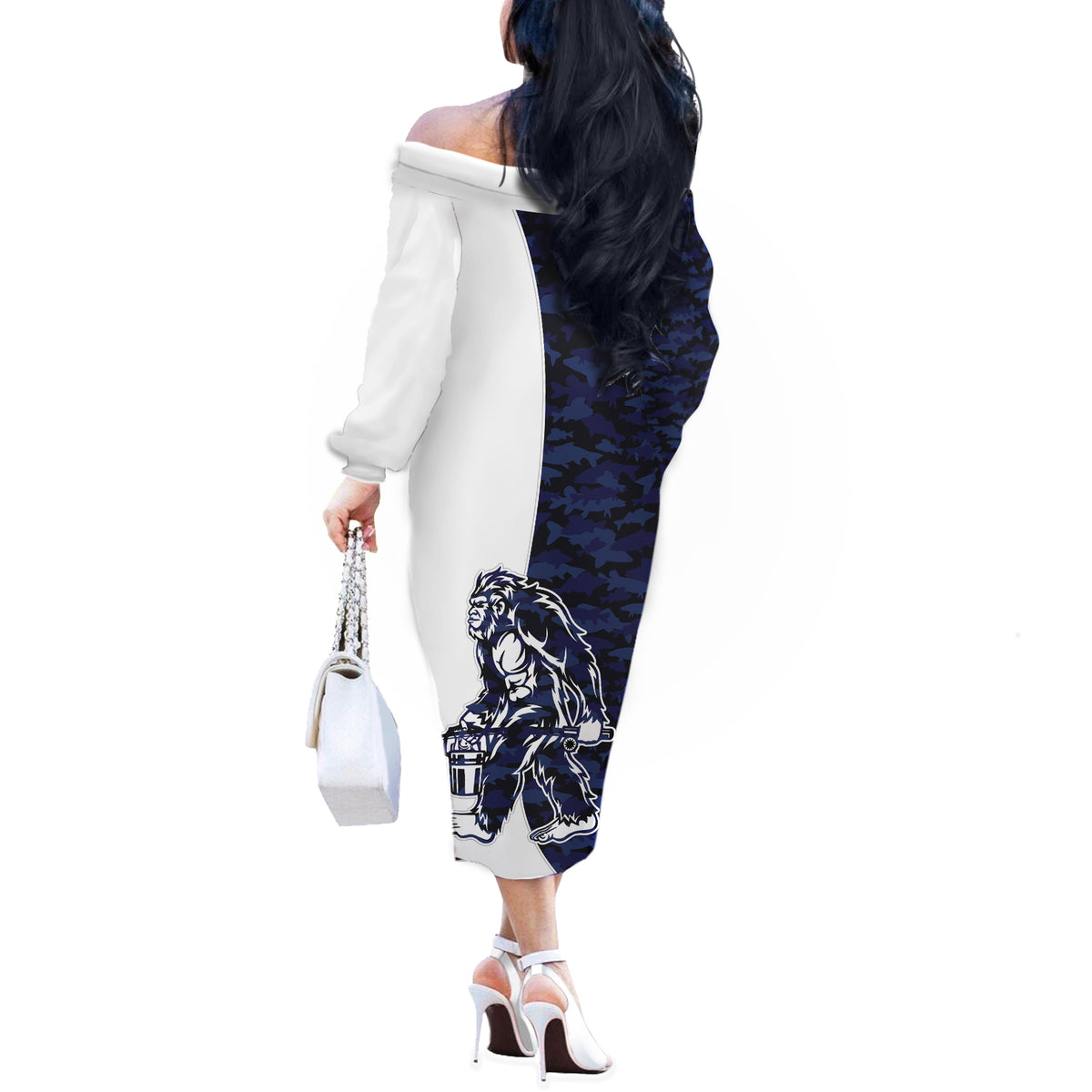 Funny Bigfoot Blue Military Texture Fish Off The Shoulder Long Sleeve Dress - Wonder Print Shop