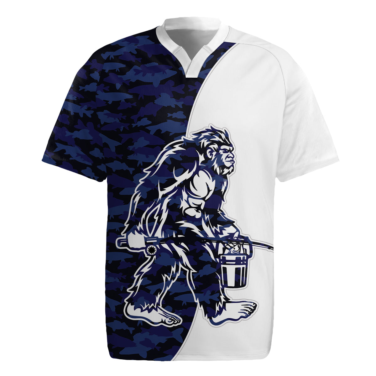Funny Bigfoot Blue Military Texture Fish Rugby Jersey - Wonder Print Shop