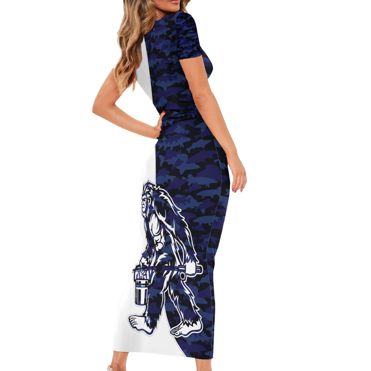 Funny Bigfoot Blue Military Texture Fish Short Sleeve Bodycon Dress - Wonder Print Shop