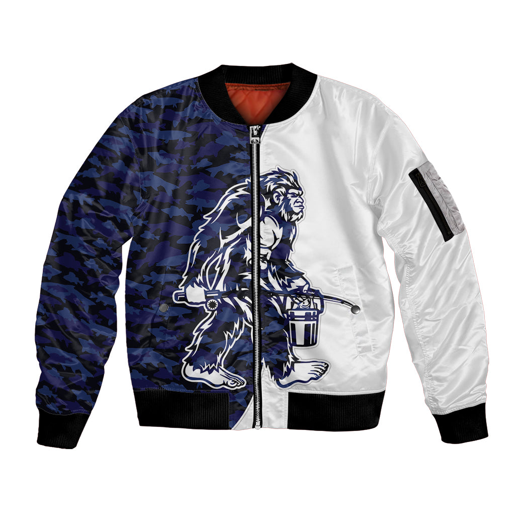 Funny Bigfoot Blue Military Texture Fish Sleeve Zip Bomber Jacket - Wonder Print Shop