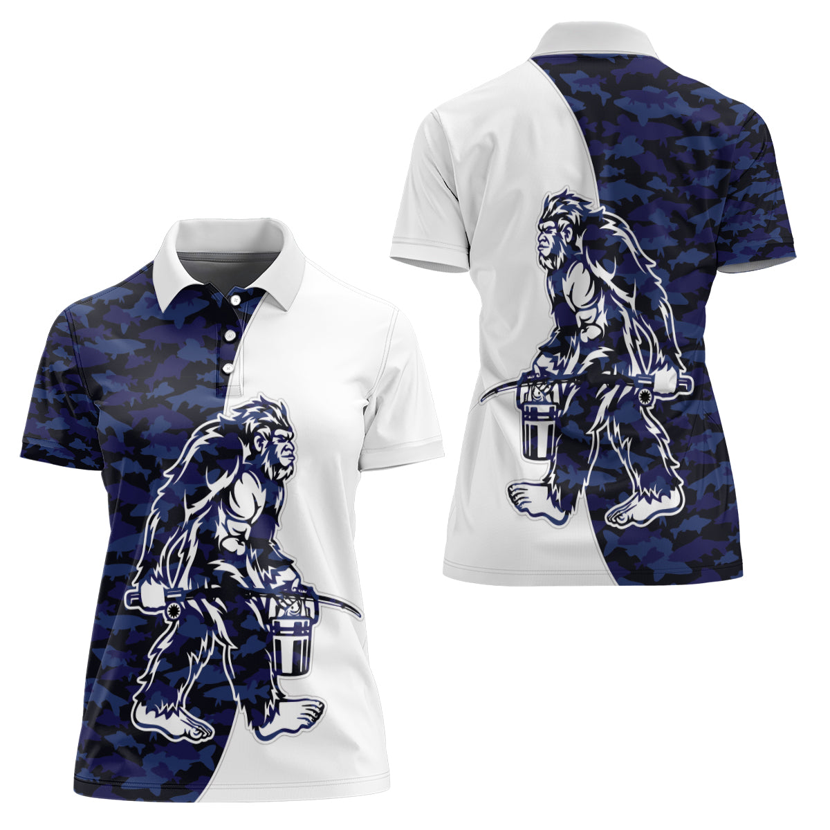Funny Bigfoot Blue Military Texture Fish Women Polo Shirt - Wonder Print Shop
