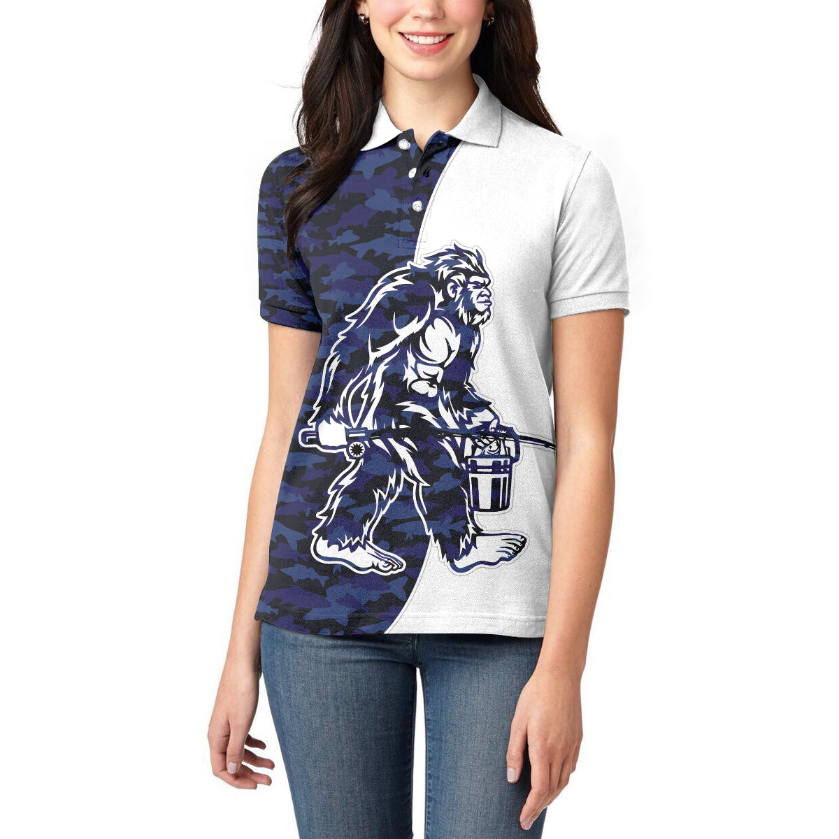 Funny Bigfoot Blue Military Texture Fish Women Polo Shirt - Wonder Print Shop