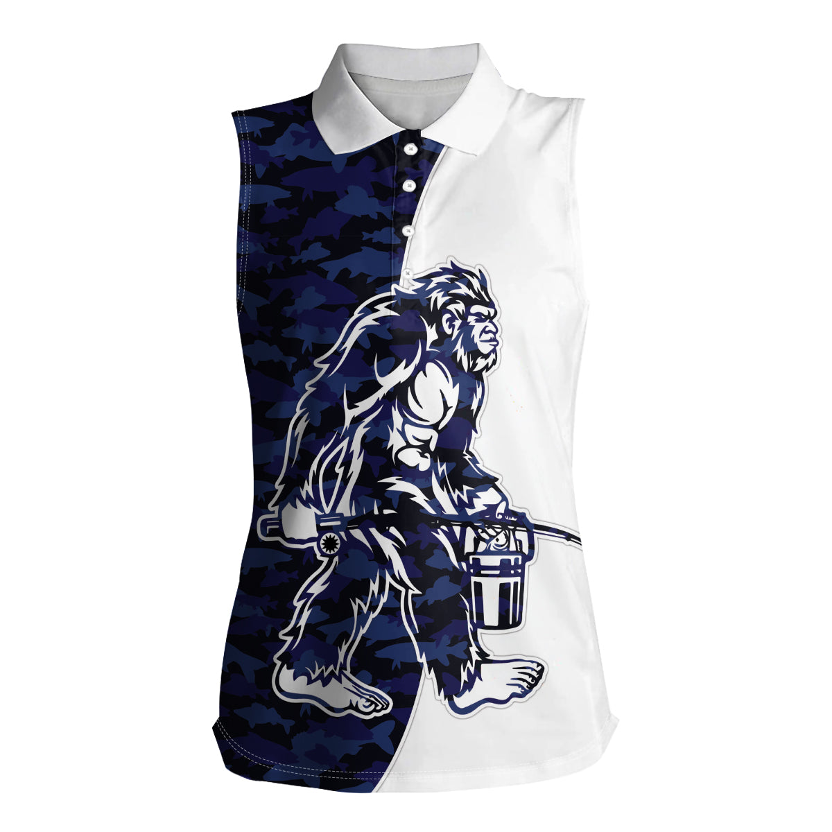 Funny Bigfoot Blue Military Texture Fish Women Sleeveless Polo Shirt - Wonder Print Shop