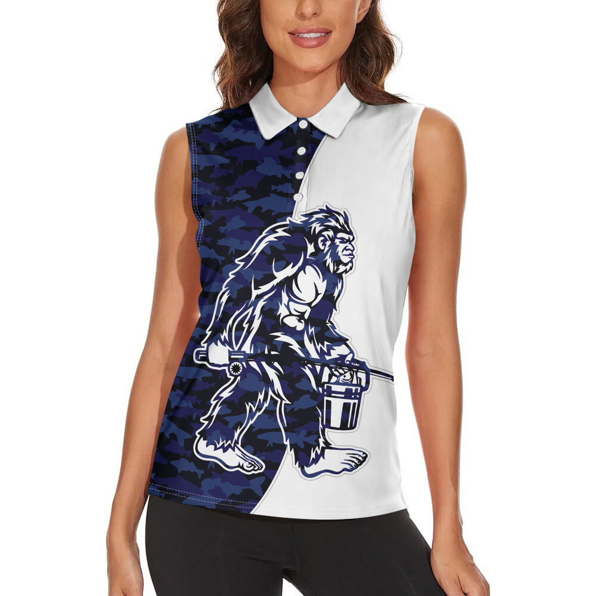 Funny Bigfoot Blue Military Texture Fish Women Sleeveless Polo Shirt - Wonder Print Shop