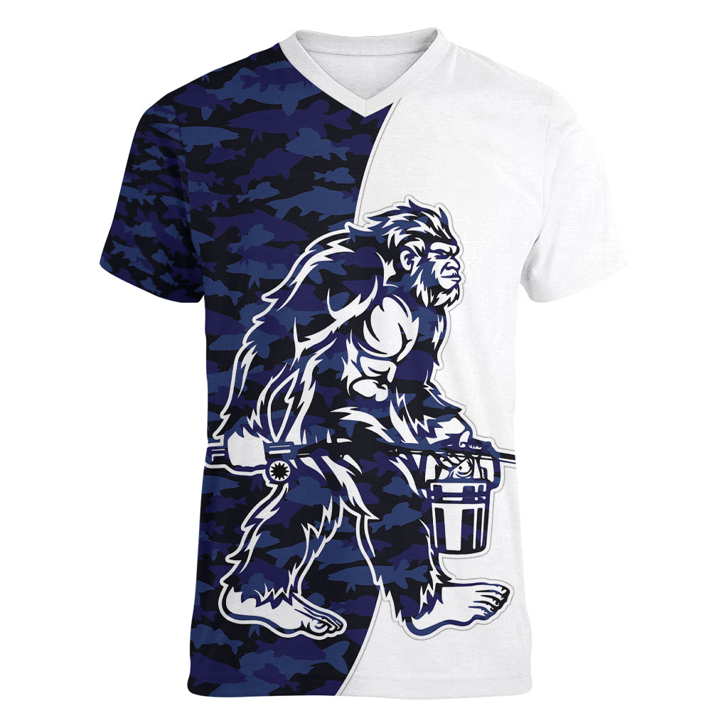 Funny Bigfoot Blue Military Texture Fish Women V-Neck T-Shirt - Wonder Print Shop
