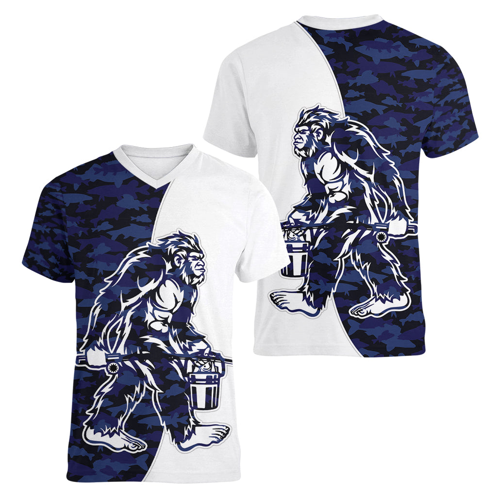 Funny Bigfoot Blue Military Texture Fish Women V-Neck T-Shirt - Wonder Print Shop