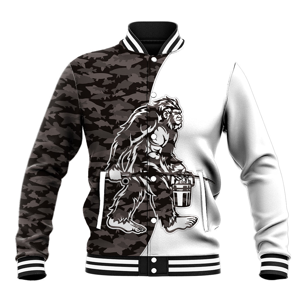 Funny Bigfoot Gray Military Texture Fish Baseball Jacket - Wonder Print Shop