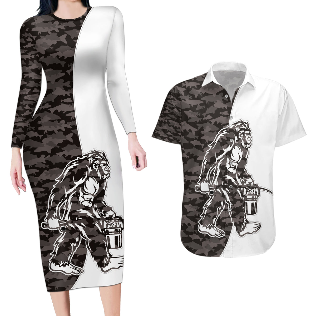 Funny Bigfoot Gray Military Texture Fish Couples Matching Long Sleeve Bodycon Dress and Hawaiian Shirt - Wonder Print Shop