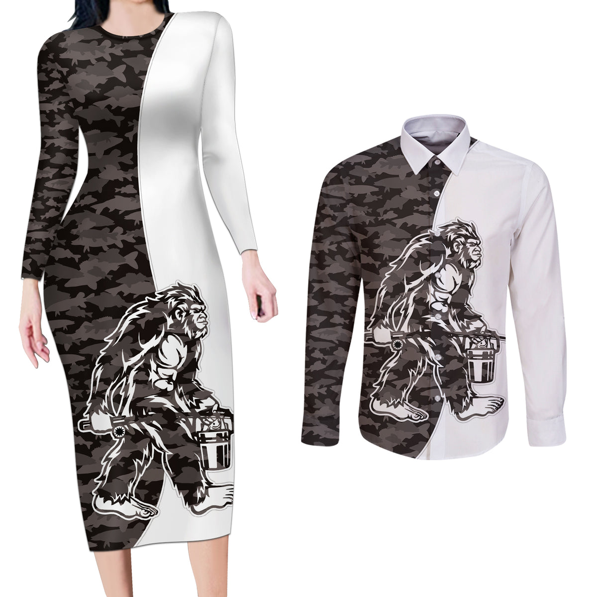 Funny Bigfoot Gray Military Texture Fish Couples Matching Long Sleeve Bodycon Dress and Long Sleeve Button Shirt - Wonder Print Shop