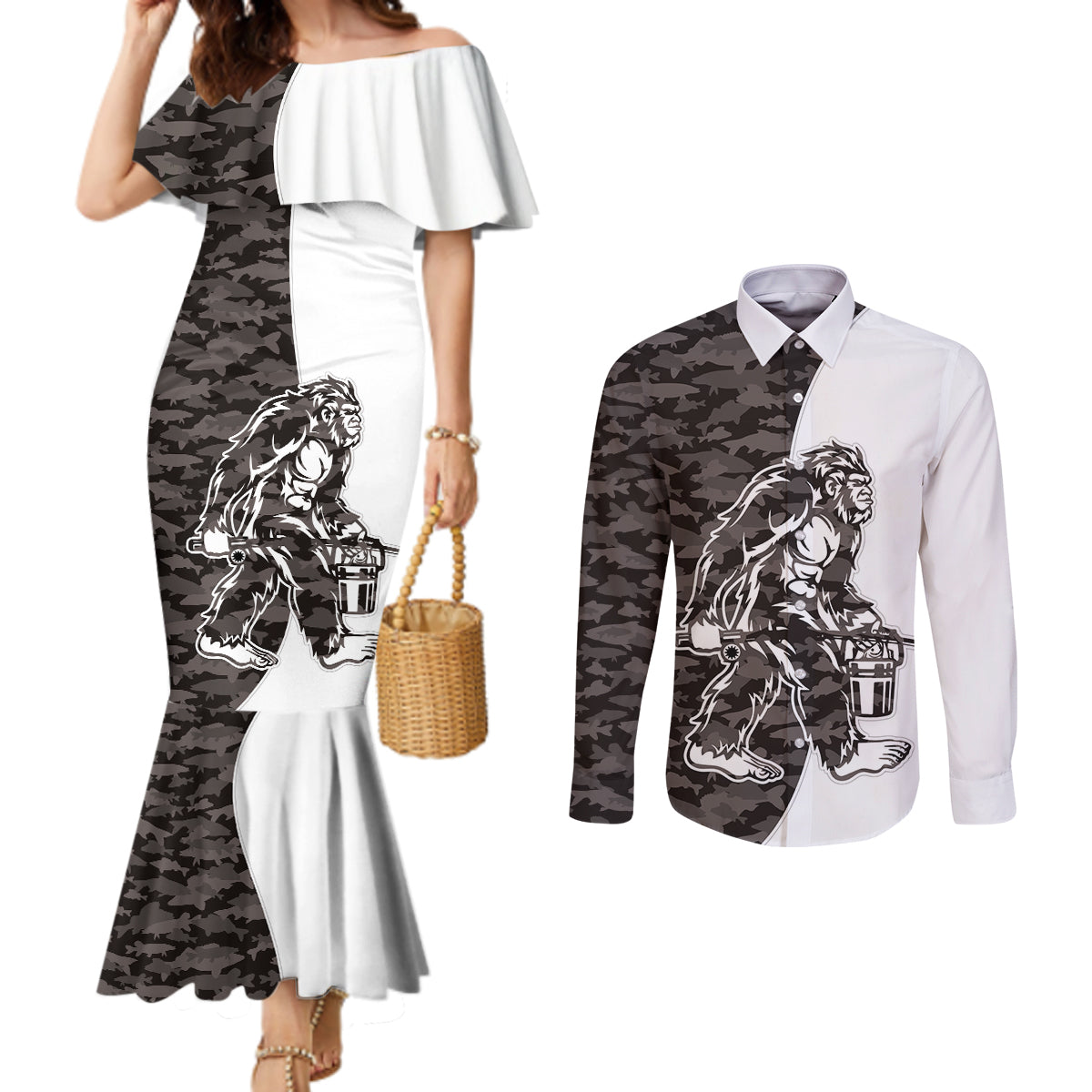 Funny Bigfoot Gray Military Texture Fish Couples Matching Mermaid Dress and Long Sleeve Button Shirt