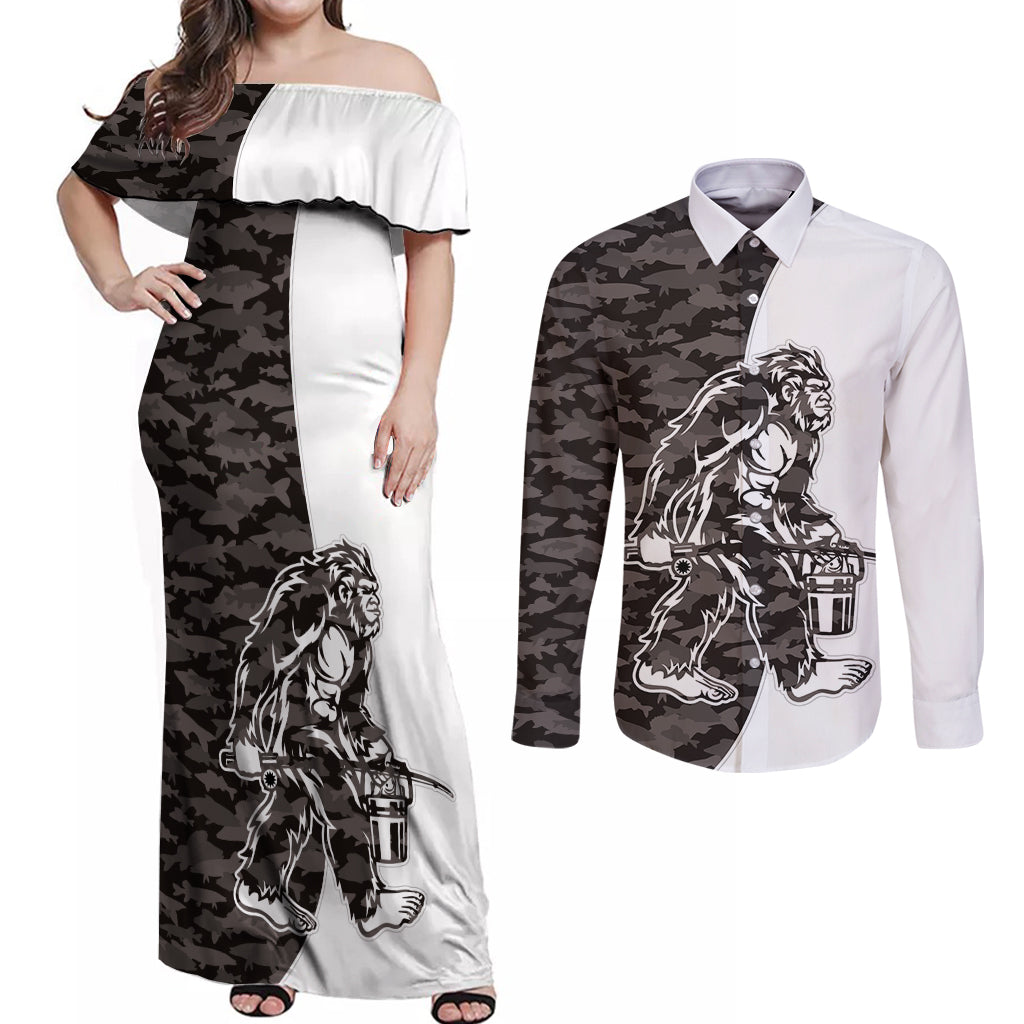 Funny Bigfoot Gray Military Texture Fish Couples Matching Off Shoulder Maxi Dress and Long Sleeve Button Shirt - Wonder Print Shop