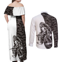 Funny Bigfoot Gray Military Texture Fish Couples Matching Off Shoulder Maxi Dress and Long Sleeve Button Shirt - Wonder Print Shop