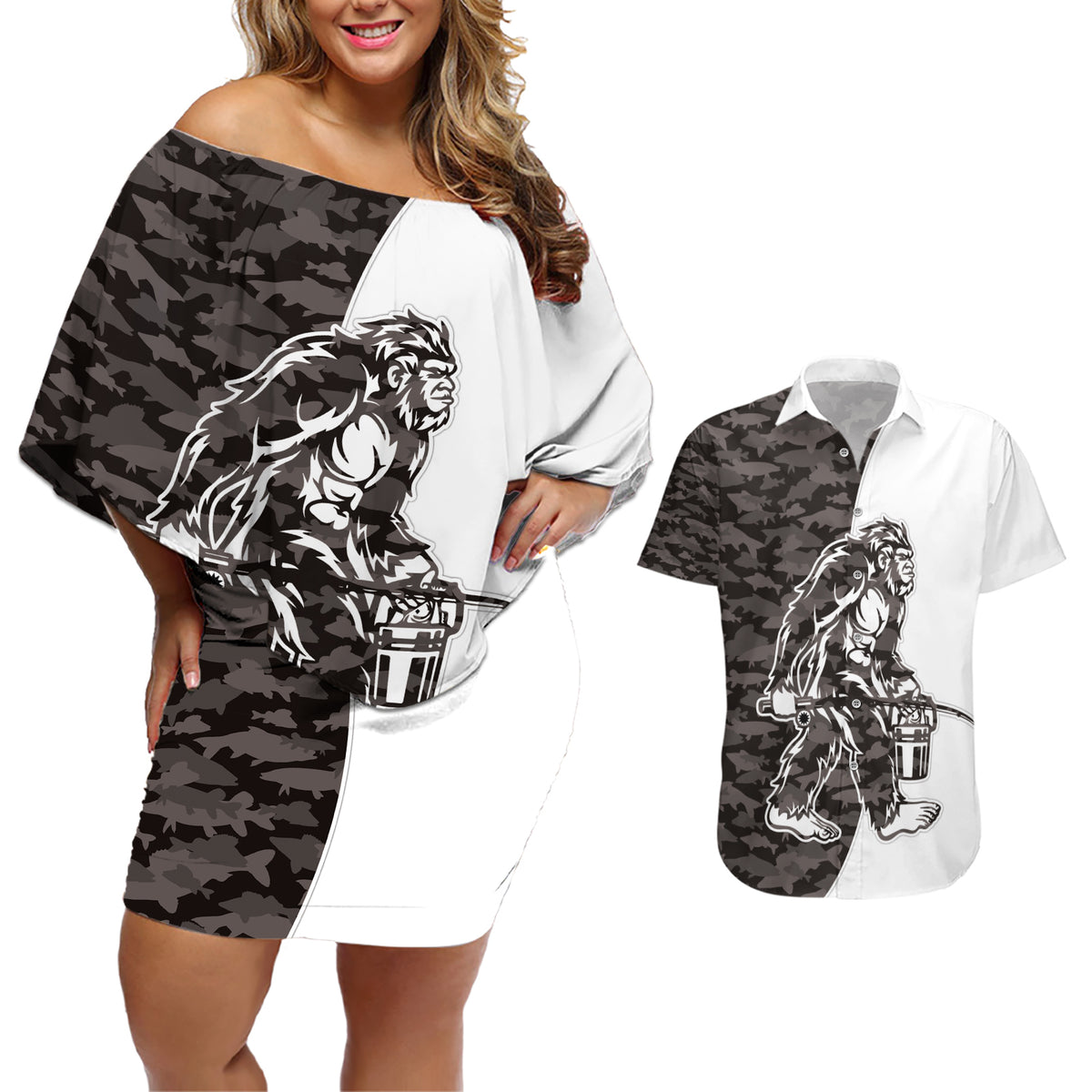 Funny Bigfoot Gray Military Texture Fish Couples Matching Off Shoulder Short Dress and Hawaiian Shirt - Wonder Print Shop