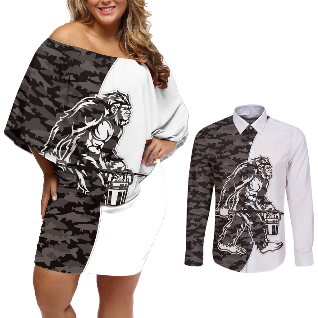 Funny Bigfoot Gray Military Texture Fish Couples Matching Off Shoulder Short Dress and Long Sleeve Button Shirt - Wonder Print Shop