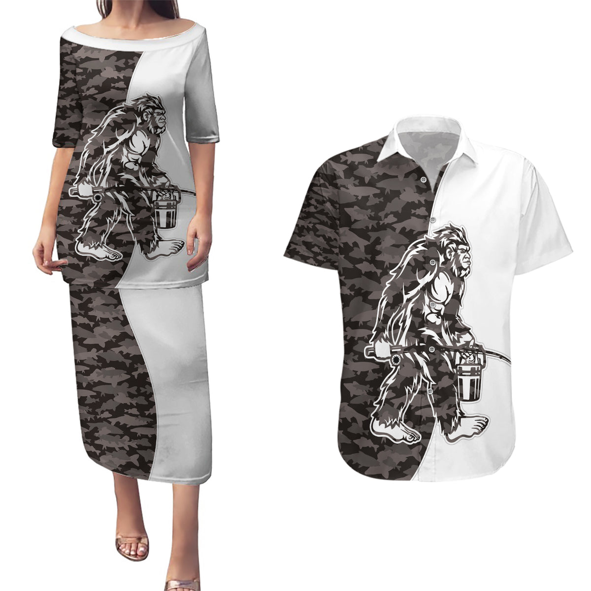 Funny Bigfoot Gray Military Texture Fish Couples Matching Puletasi and Hawaiian Shirt - Wonder Print Shop