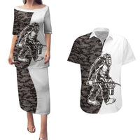 Funny Bigfoot Gray Military Texture Fish Couples Matching Puletasi and Hawaiian Shirt - Wonder Print Shop