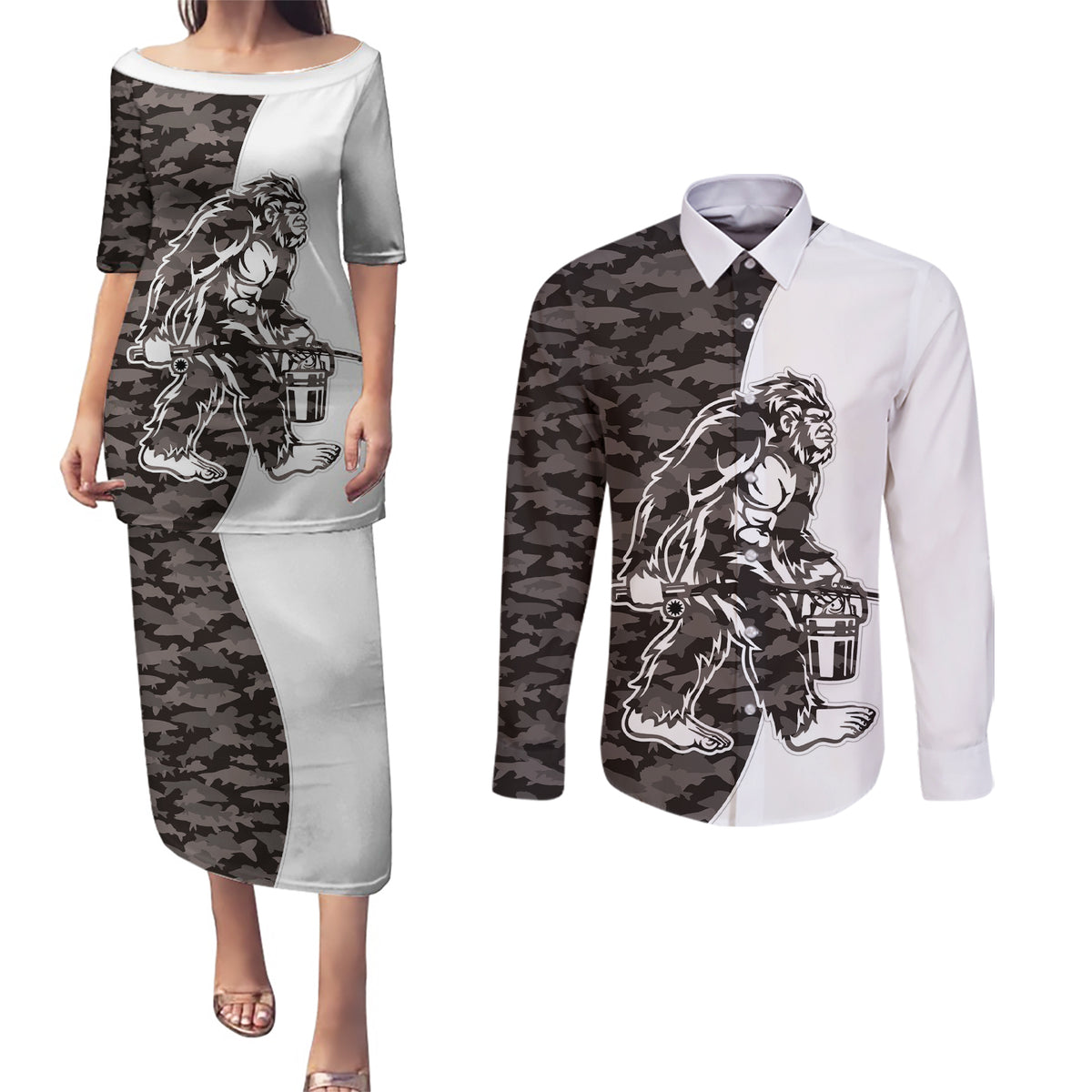 Funny Bigfoot Gray Military Texture Fish Couples Matching Puletasi and Long Sleeve Button Shirt - Wonder Print Shop